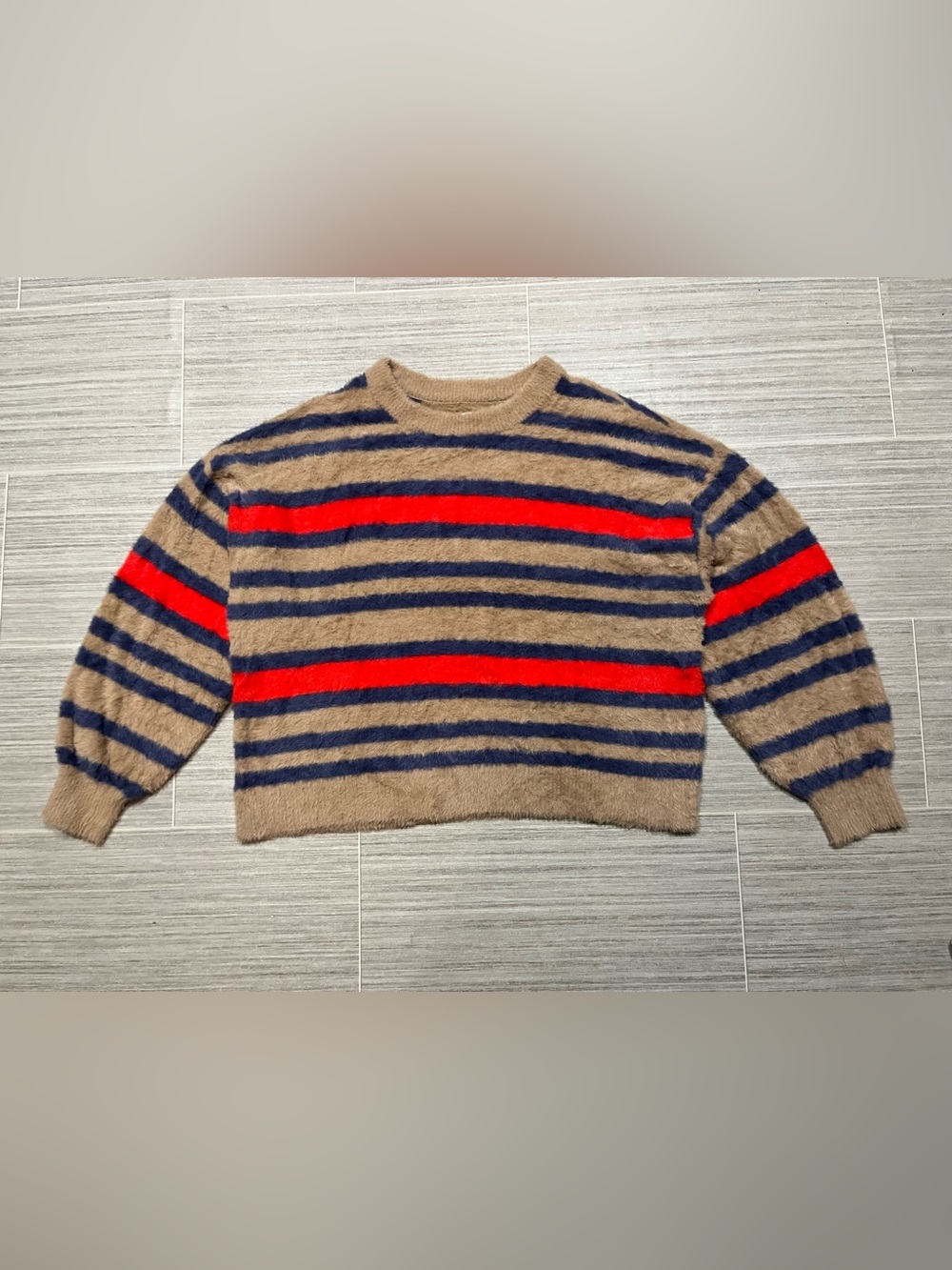 Aerie Fuzzy Striped Crewneck Sweater - Tan, Navy & Red